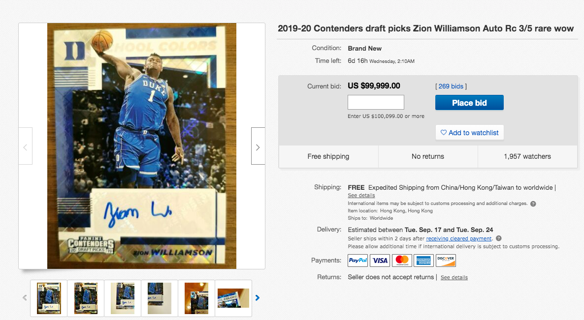 2019-20 Contenders draft picks Zion Williamson Auto Rc 3/5 rare wow ebay