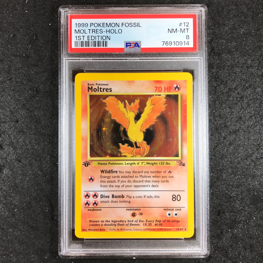 PSA 8 Moltres - 12/62 - Pokemon Fossil Holo 1st Edition 914-Cherry Collectables