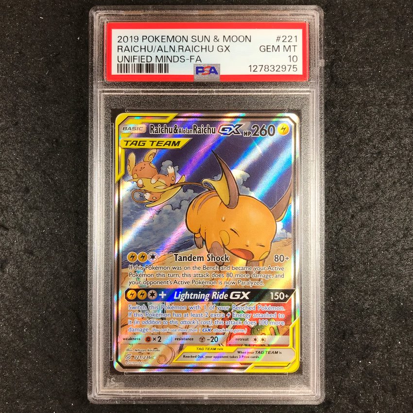 PSA 10 Raichu & Alolan Raichu GX - 221/36 - Pokemon Unified Minds Alternate Art 975-Cherry Collectables