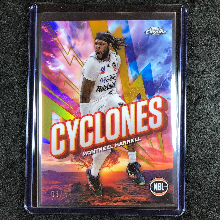 2024-25 Topps Chrome NBL MONTREZL HARRELL Cylcones Gold 8/50 #21
