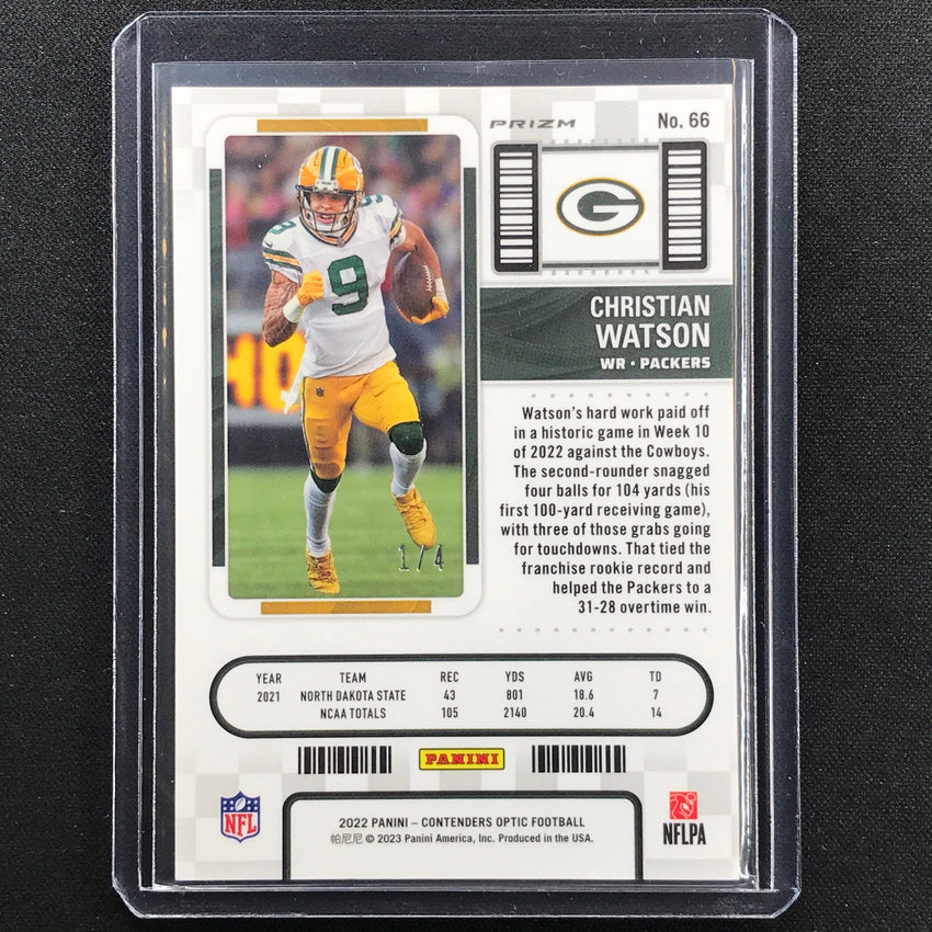 2022 Contenders Optic Christian Watson Rookie Ticket Neon Marble 1/4
