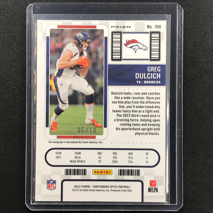 2022 Contenders Optic Greg Dulcich Rookie Ticket Auto Gold 6/10