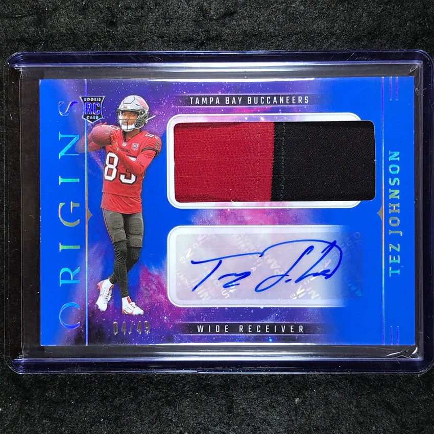 2025 Origins Football TEZ JOHNSON Rookie Jumbo Patch Auto Blue 4/49