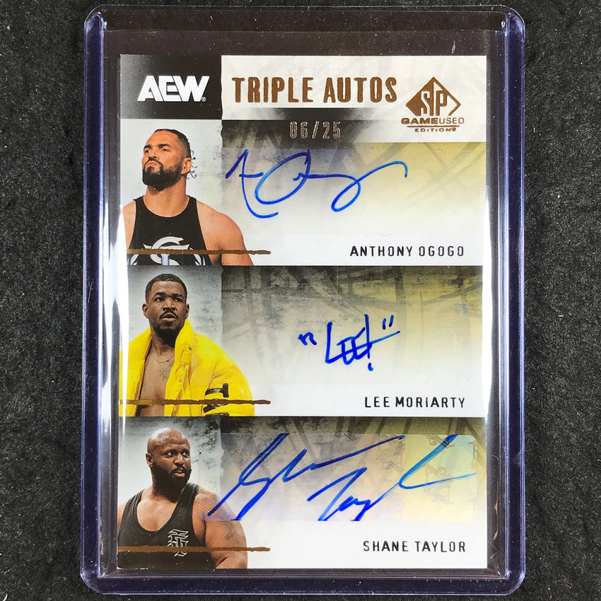 2025 AEW SP Game Used OGOGO MORIARTY TAYLOR Triple Autographs 6/25