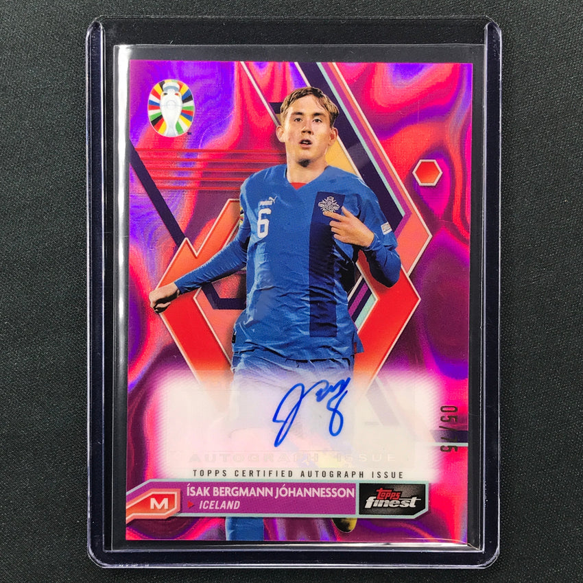 2023 Topps Finest Road To Uefa Isak Bergmann Johannesson Auto Fuchsia Lava 5/75