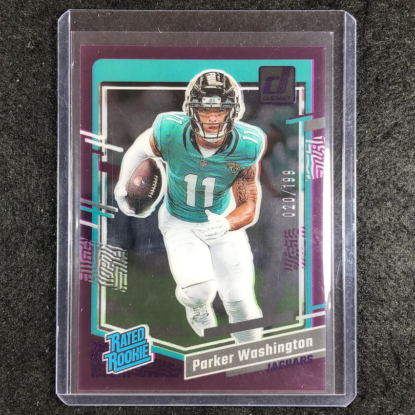 2023 Clearly Donruss Football PARKER WASHINGTON Rated Rookie Purple 20/199 #77