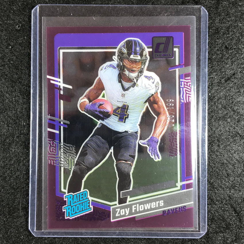 2023 Clearly Donruss Football ZAY FLOWERS Rated Rookie Purple 26/199 #92