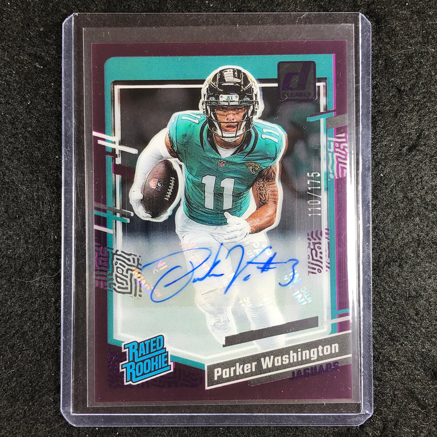2023 Clearly Donruss Football PARKER WASHINGTON Rated Rookie Auto Purple 110/175