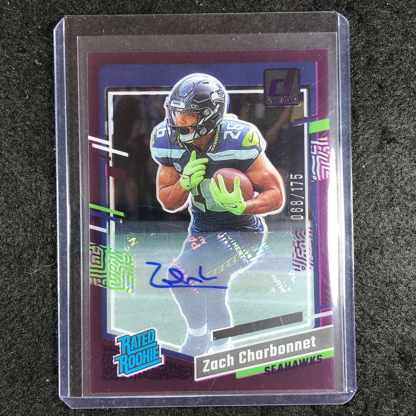 2023 Clearly Donruss Football ZACH CHARBONNET Rated Rookie Auto Purple 68/175