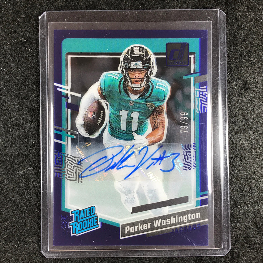 2023 Clearly Donruss Football PARKER WASHINGTON Rated Rookie Auto Blue 79/99 #77