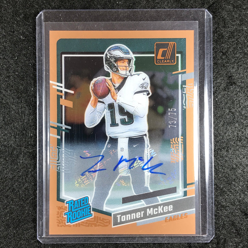 2023 Clearly Donruss Football TANNER MCKEE Rated Rookie Auto Orange 73/75 #86