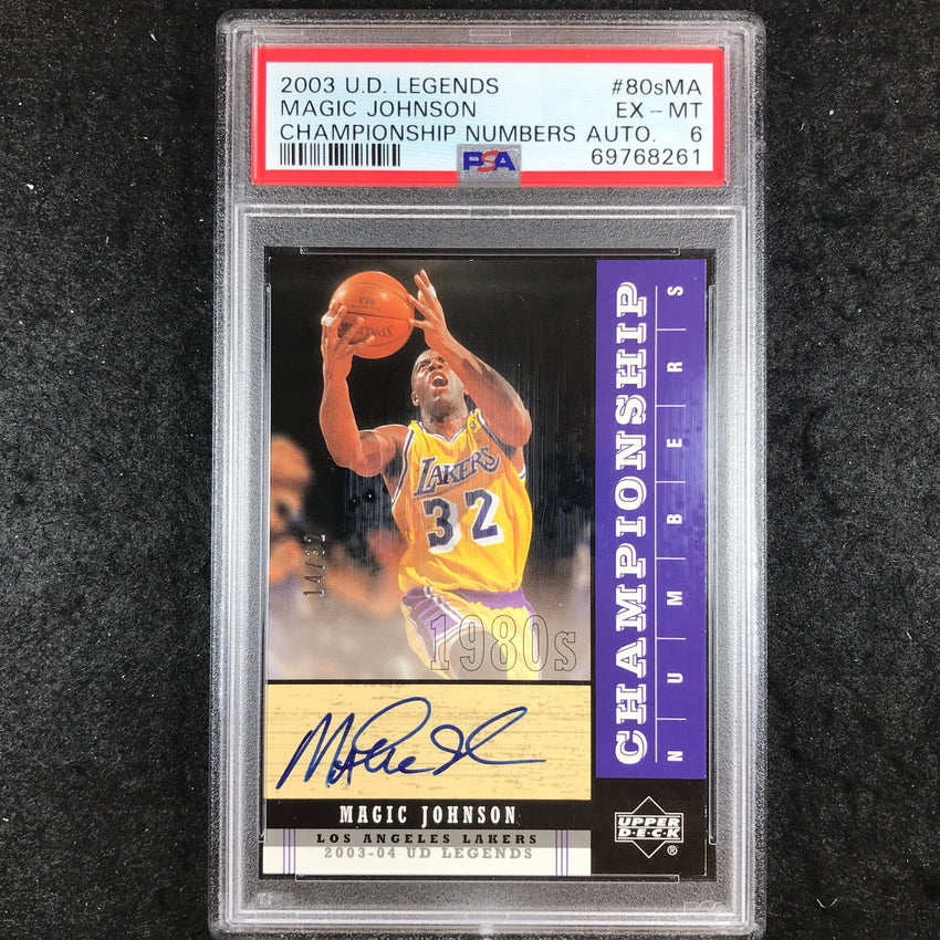 2003 U.D. Legends MAGIC JOHNSON Championship Numbers Auto 14/32 PSA 6 (261)