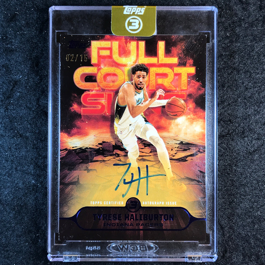 2025-26 Topps Three TYRESE HALIBURTON Full Court Signs Auto Blue 2/15
