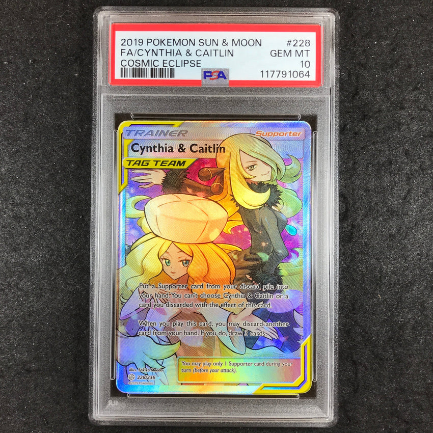 PSA 10 Cynthia & Caitlin - 228/236 - Full Art Sun & Moon Cosmic Eclipse 064