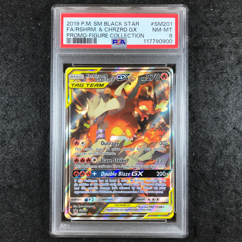 PSA 8 Reshiram & Charizard GX - SM201 - Full Art Black Star Promo Tag Team 900