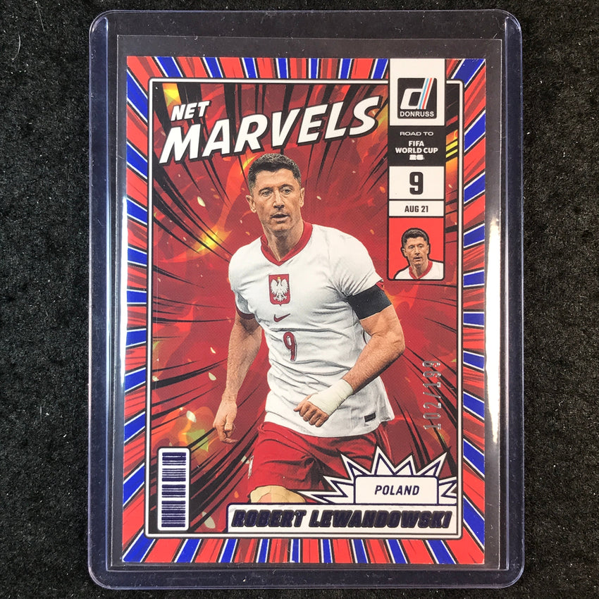 2025-26 Donruss Road to World Cup ROBERT LEWANDOWSKI Net Marvels Blue 102/199 #7
