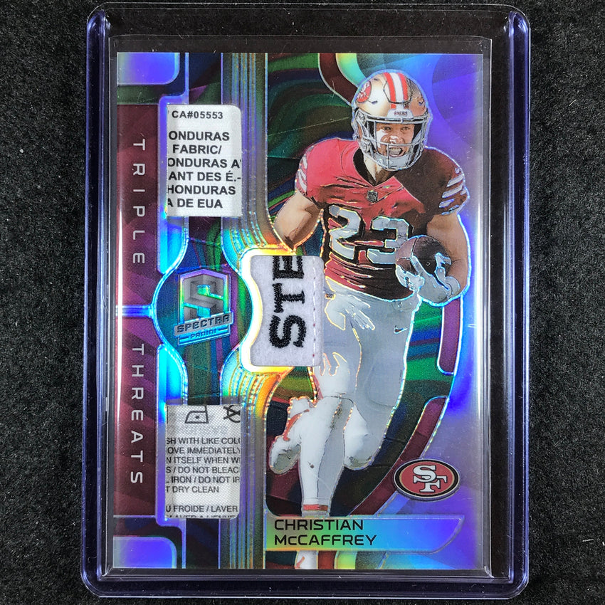 2023 Spectra Football CHRISTIAN MCCAFFREY Triple Threats Tag Patch Marble 3/4