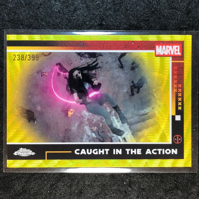 2025 Topps Chrome Deadpool CAUGHT IN THE ACTION Yellow Wave /399 #84