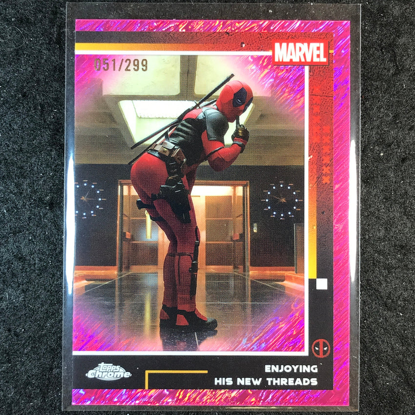 2025 Topps Chrome Deadpool ENJOYING HIS NEW THREADS Pink Shimmer /299 #59