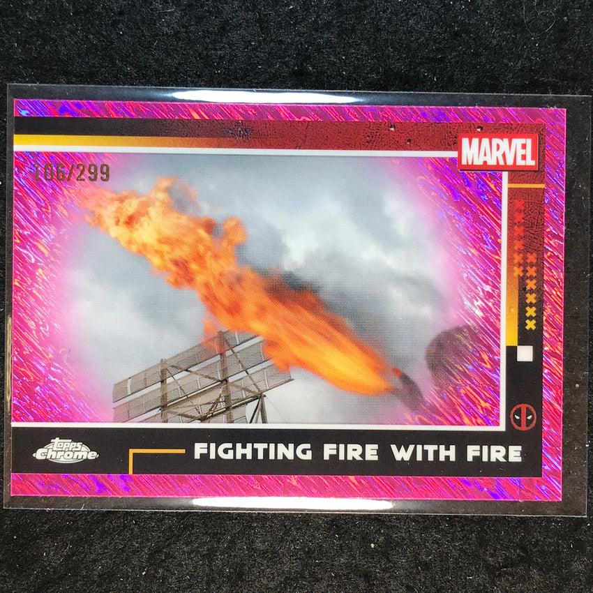 2025 Topps Chrome Deadpool FIGHTING FIRE WITH FIRE Pink Shimmer /299 #69