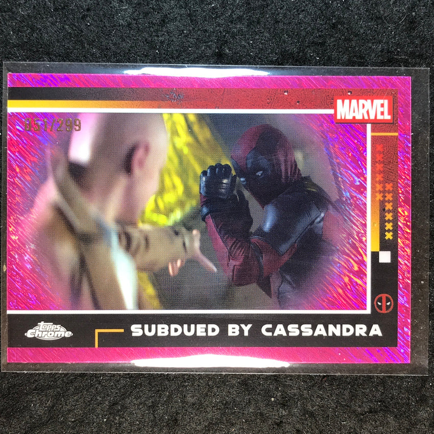2025 Topps Chrome Deadpool SUBDUED BY CASSANDRA Pink Shimmer /299 #85