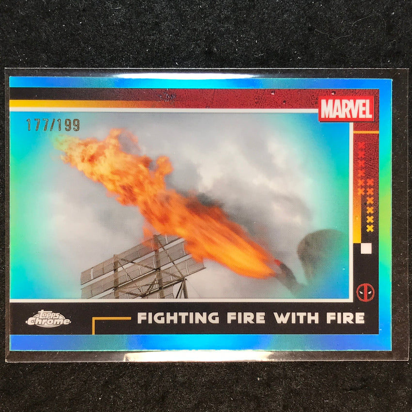 2025 Topps Chrome Deadpool FIGHTING FIRE WITH FIRE Aqua /199 #69