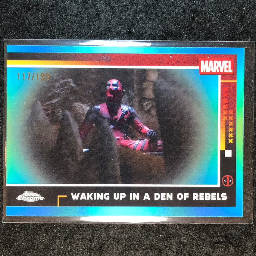 2025 Topps Chrome Deadpool WAKING UP IN A DEN OF REBELS Aqua /199 #77