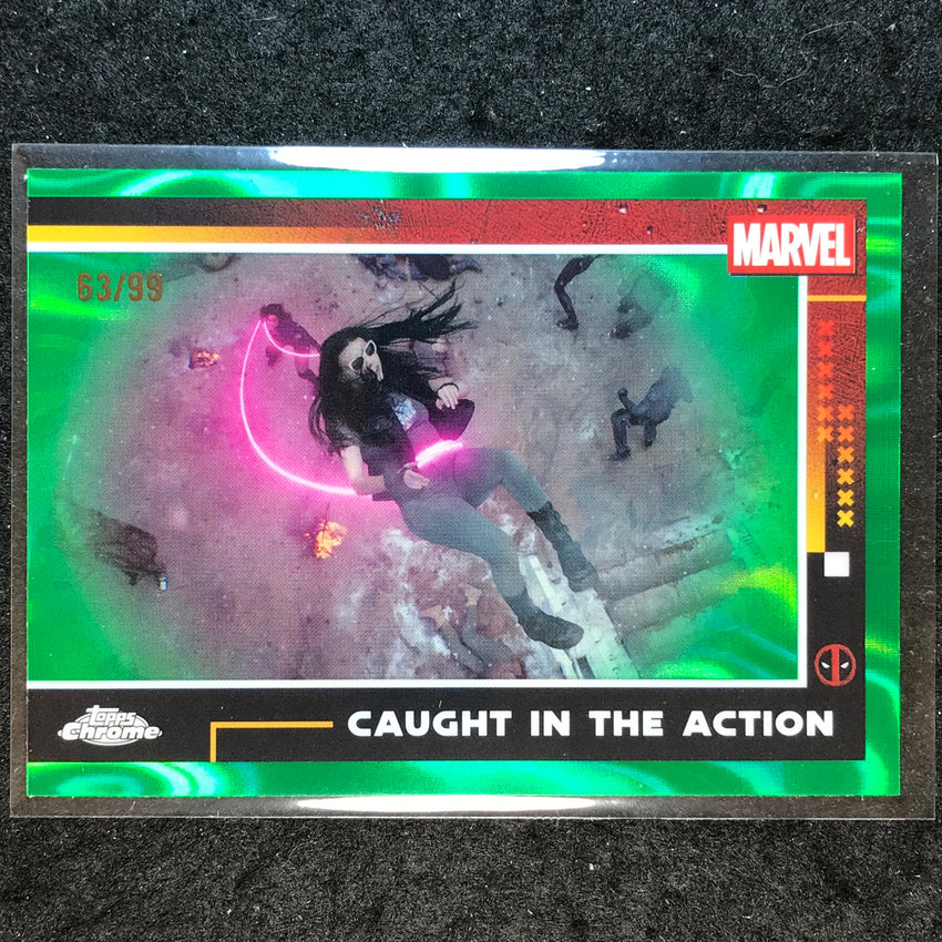 2025 Topps Chrome Deadpool CAUGHT IN THE ACTION Green Lava 63/99 #84