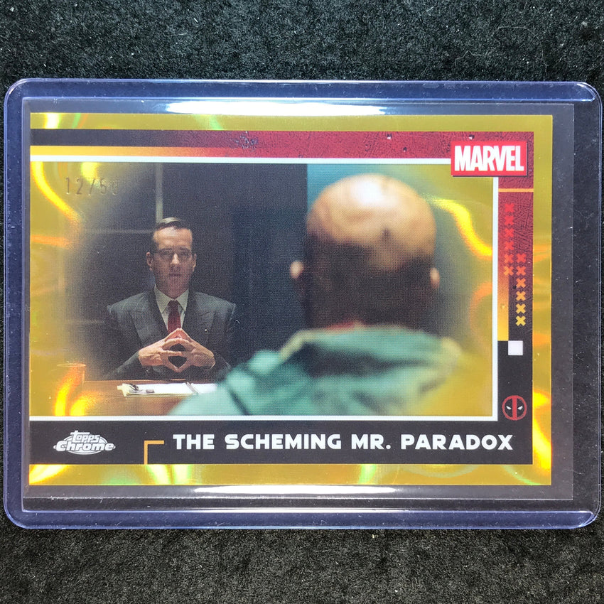 2025 Topps Chrome Deadpool THE SCHEMING MR. PARADOX Gold Lava 12/50 #56