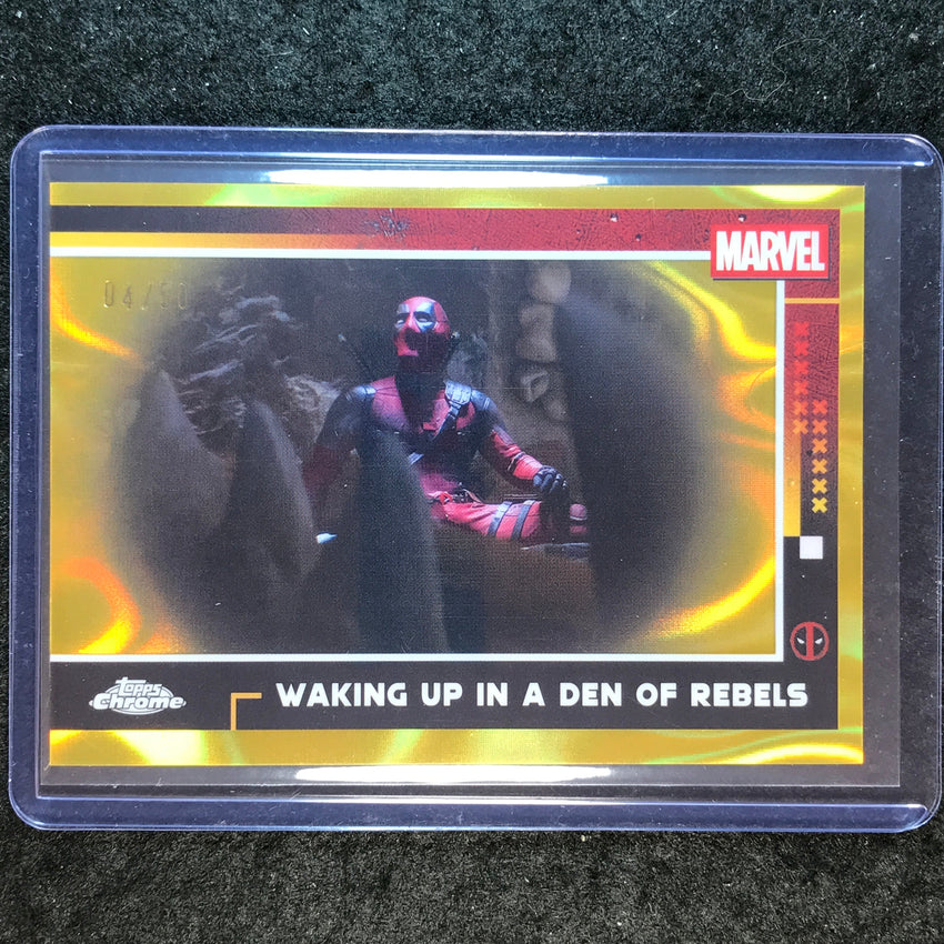 2025 Topps Chrome Deadpool WAKING UP IN A DEN OF REBELS Gold Lava 4/50 #77