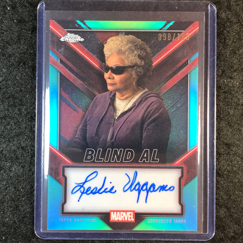 2025 Topps Chrome Deadpool LESLIE UGGAMS AS BLIND AL Chrome Auto Aqua 98/199