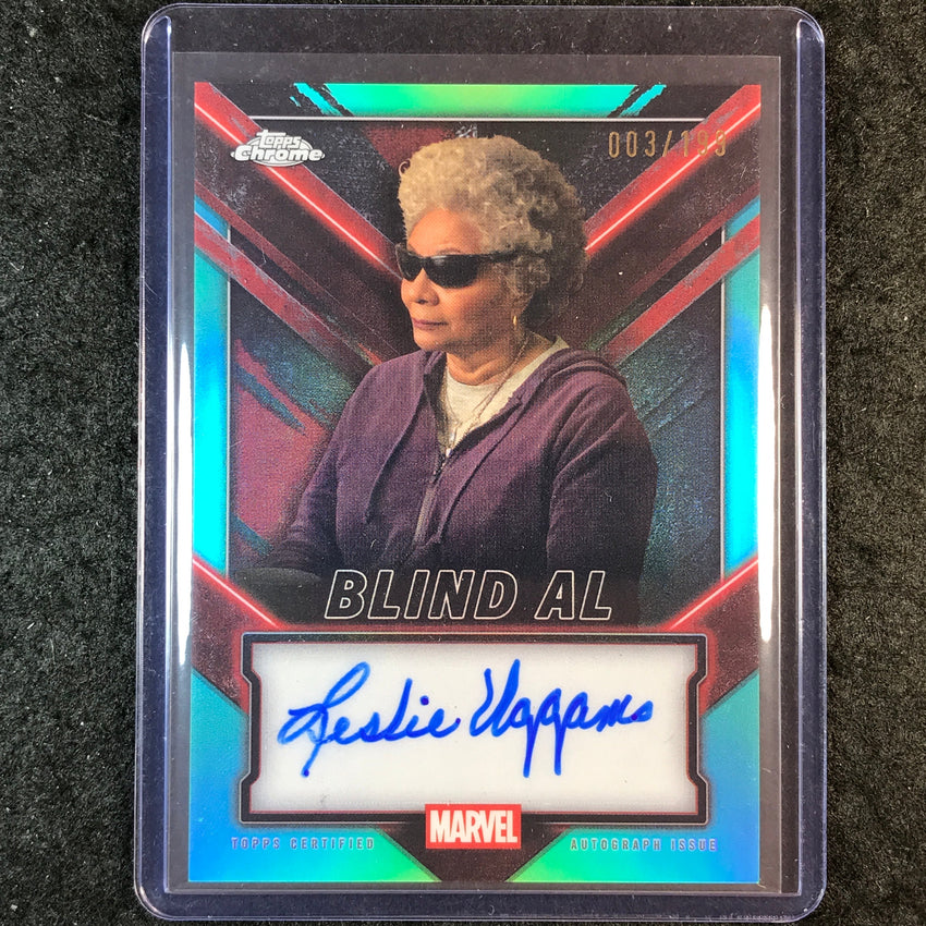 2025 Topps Chrome Deadpool LESLIE UGGAMS AS BLIND AL Chrome Auto Aqua 3/199