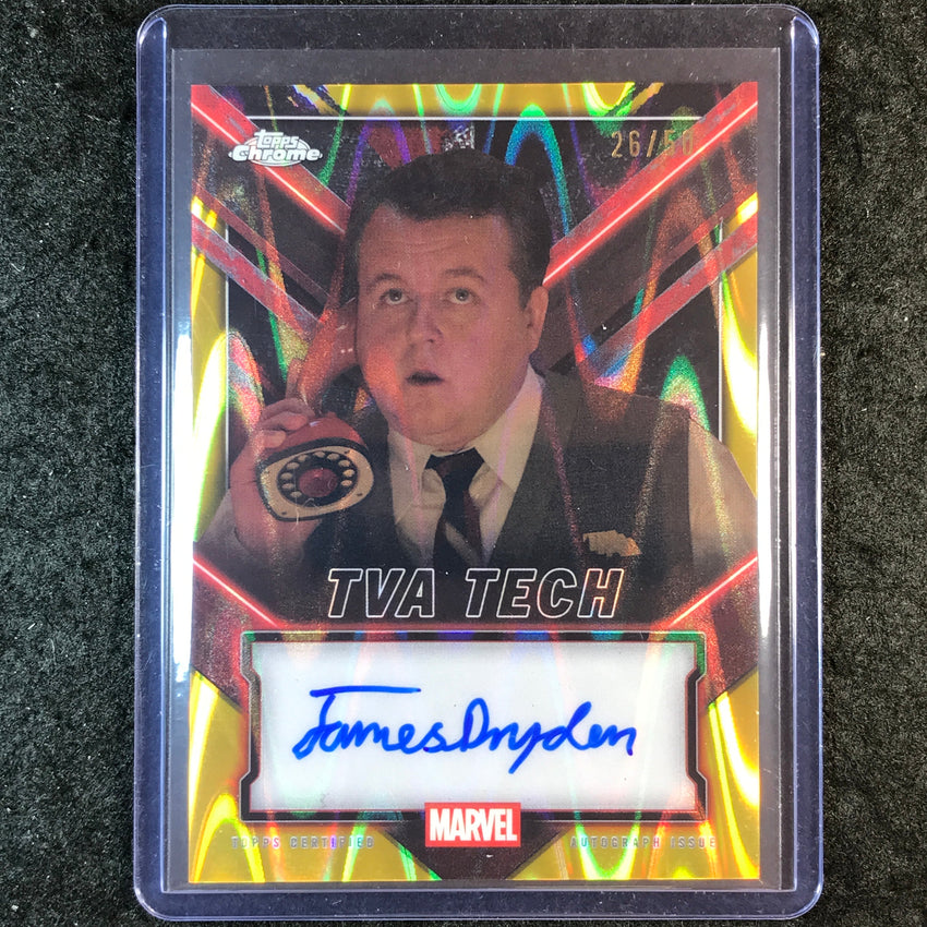 2025 Topps Chrome Deadpool JAMES DRYDEN AS TVA TECH Chrome Auto Gold 26/50