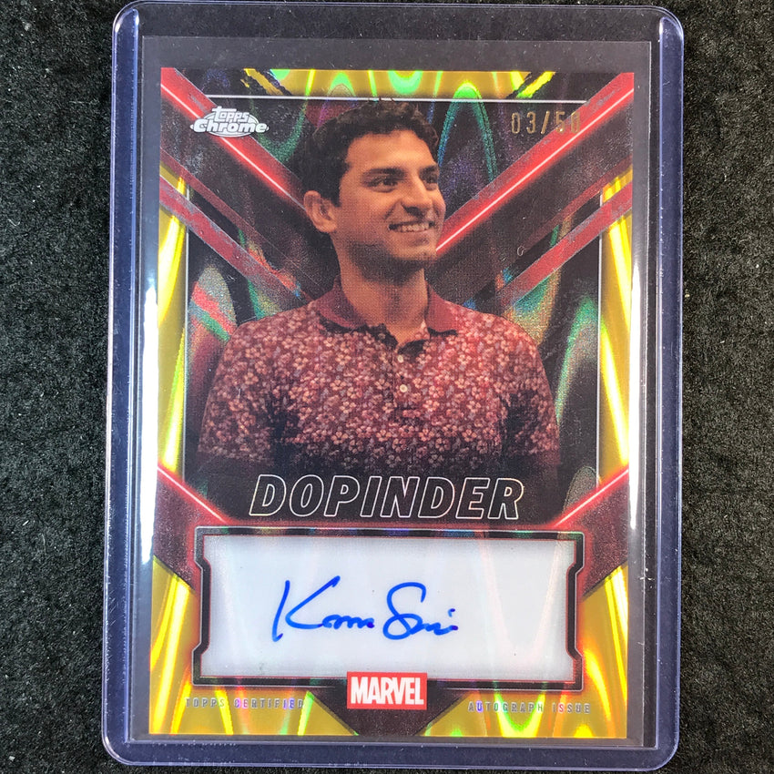 2025 Topps Chrome Deadpool KARAN SONI AS DOPINDER Chrome Auto Gold RayWave 3/50