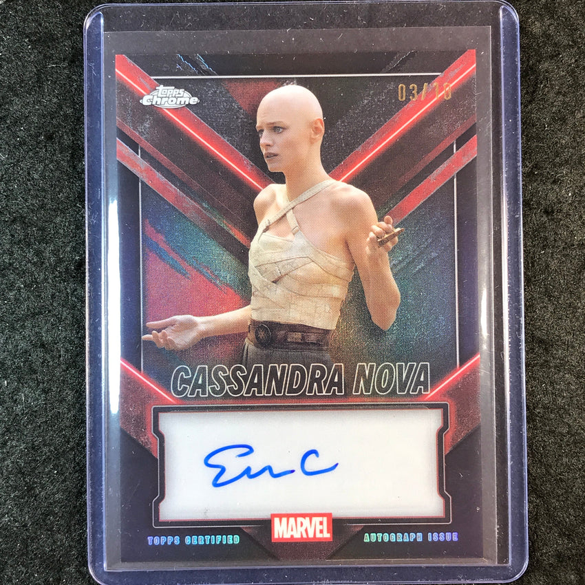 2025 Topps Chrome Deadpool EMMA CORRIN AS CASSANDRA NOVA Chrome Auto Black 3/10