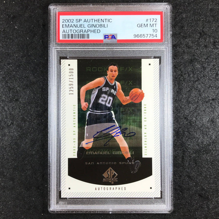 2002 SP Authentic EMANUEL GINOBILI Rookie Auto 1259/1500 #172 PSA 10 (754)