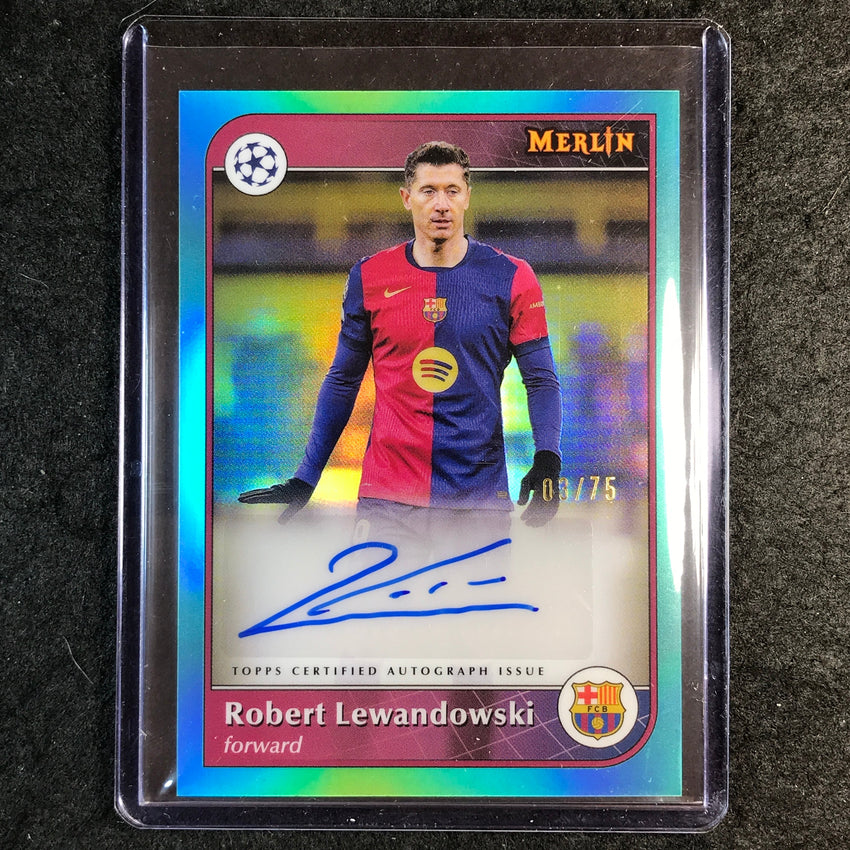 2024-25 Merlin UEFA Club Comp ROBERT LEWANDOWSKI Base Auto Aqua 3/75