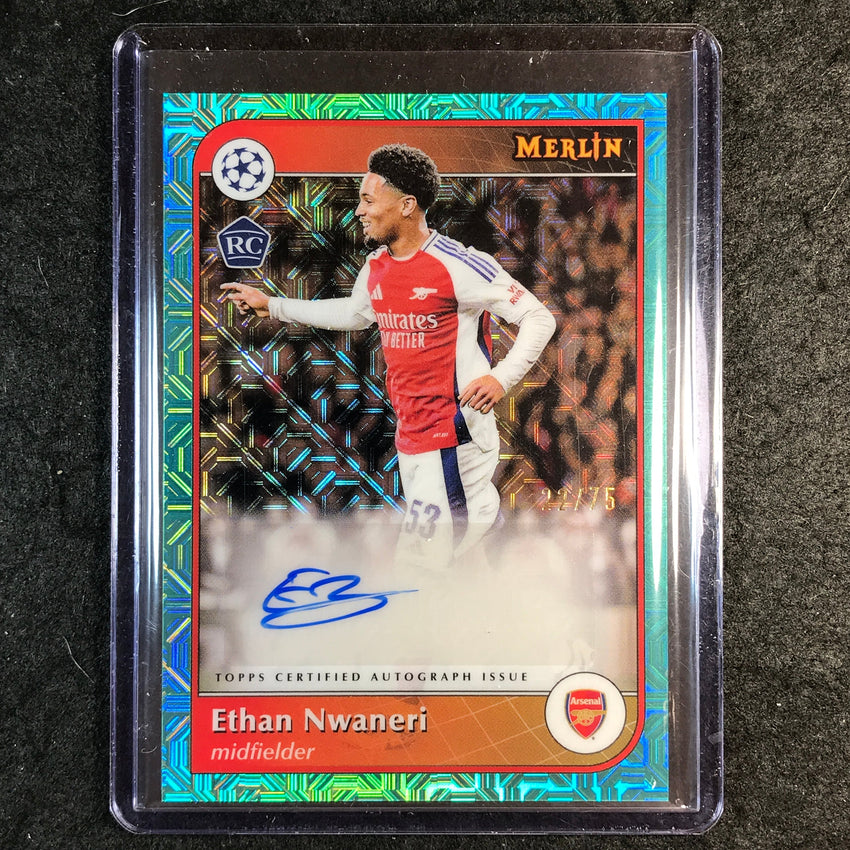 2024-25 Merlin UEFA Club Comp ETHAN NWANERI Base Rookie Auto Aqua Mojo 22/75
