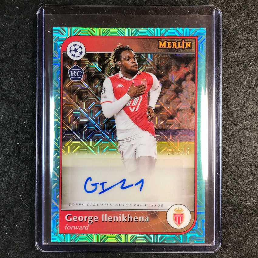 2024-25 Merlin UEFA Club Comp GEORGE ILENIKHENA Base Rookie Auto Aqua Mojo 30/75
