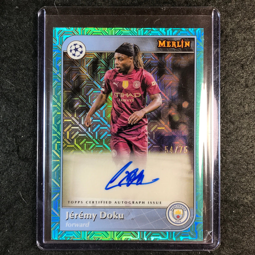2024-25 Merlin UEFA Club Comp JEREMY DOKU Base Auto Aqua Mojo 54/75