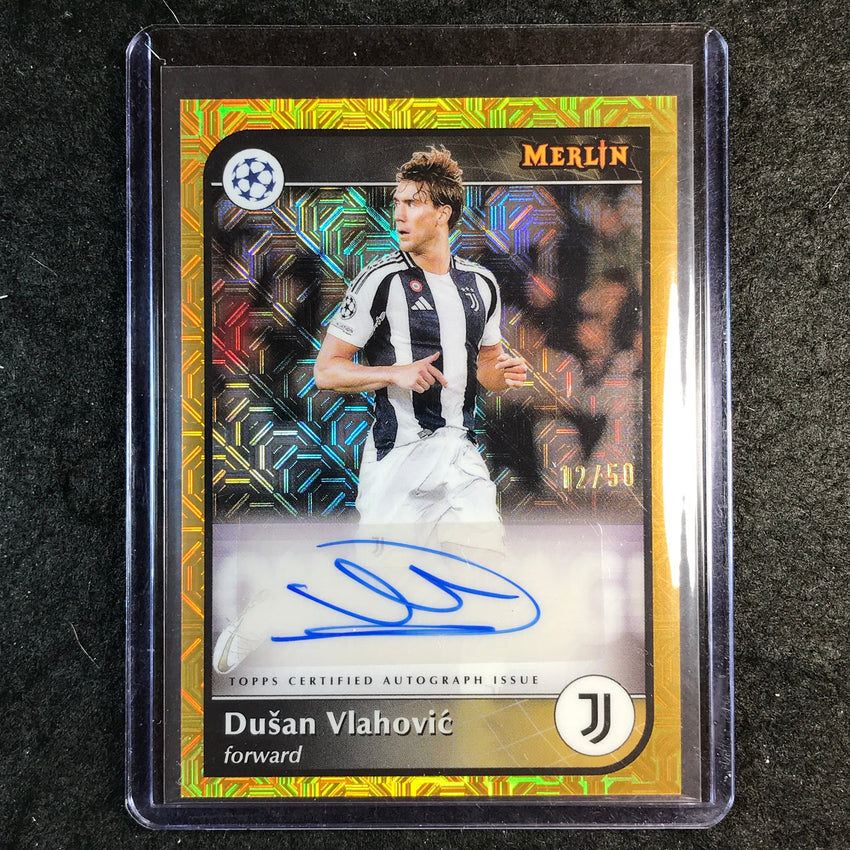 2024-25 Merlin UEFA Club Comp DUSAN VLAHOVIC Base Auto Gold Mojo 12/50
