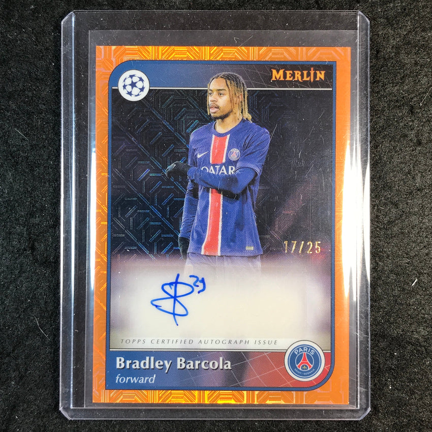 2024-25 Merlin UEFA Club Comp BRADLEY BARCOLA Base Auto Orange Mojo 17/25