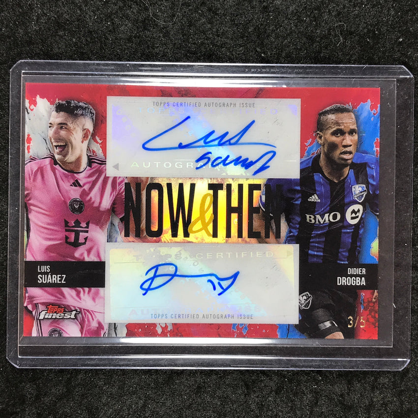 2024 Topps Finest MLS LUIS SUAREZ DIDIER DROGBA Now and Then Dual Auto Red 3/5