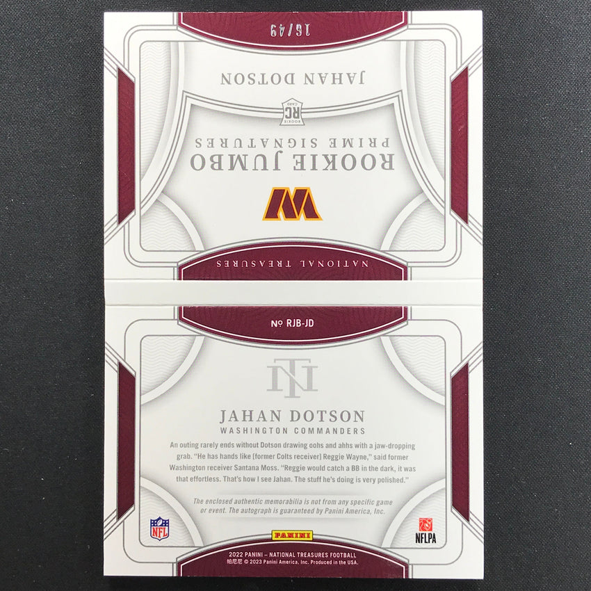 2022 National Treasures Jahan Dotson Rookie Jumbo Patch Prime Booklet Auto 16/49