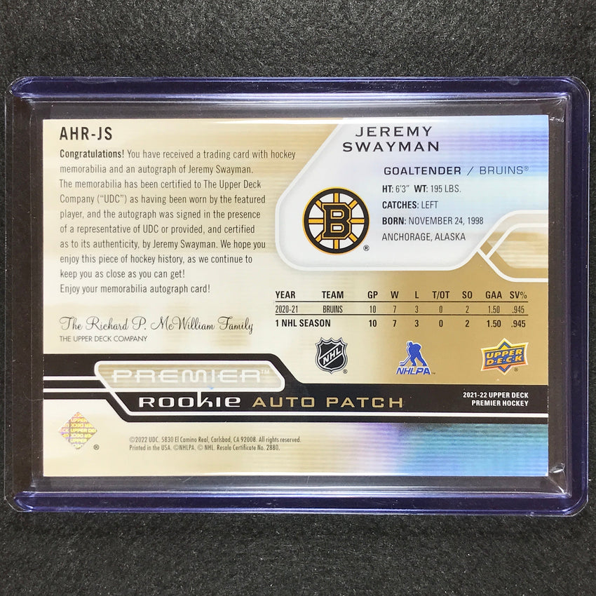 2021-22 Premier Nhl Jeremy Swayman Horizontal Acetate Rookie Patch Auto 17/25