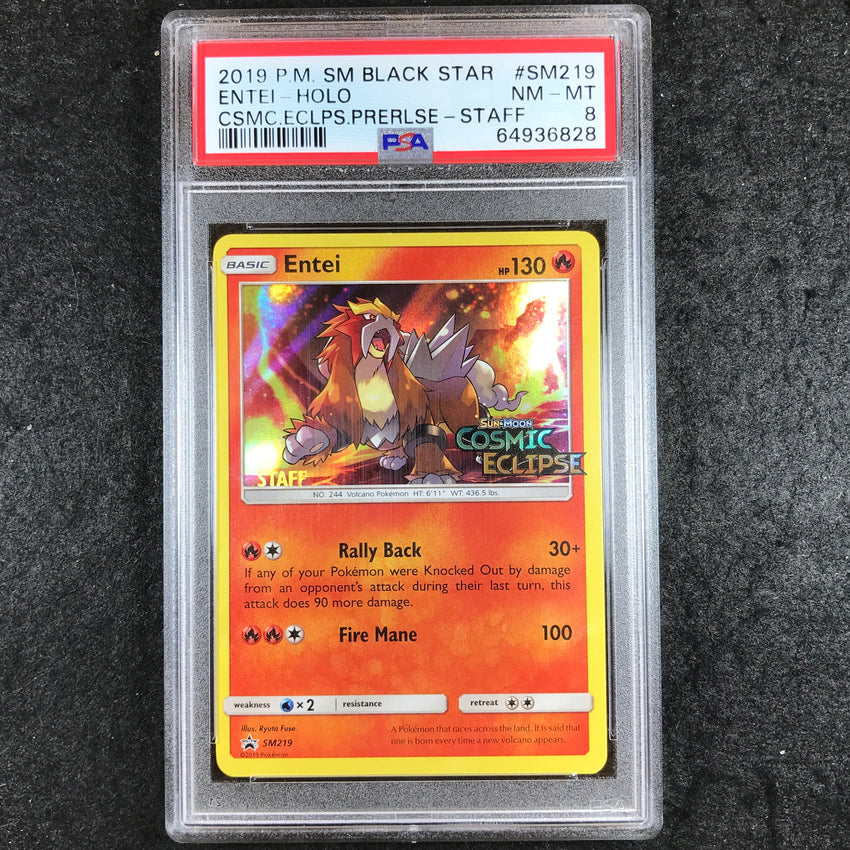 PSA 8 Entei - SM219 - Holo Cosmic Eclipse Pre-Release STAFF Stamp Promo 828