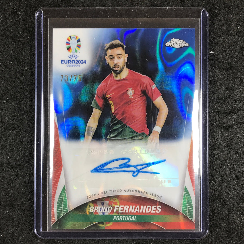 2023-24 Topps Chrome UEFA Euro BRUNO FERNANDES Chrome Auto Blue Lava 73/75