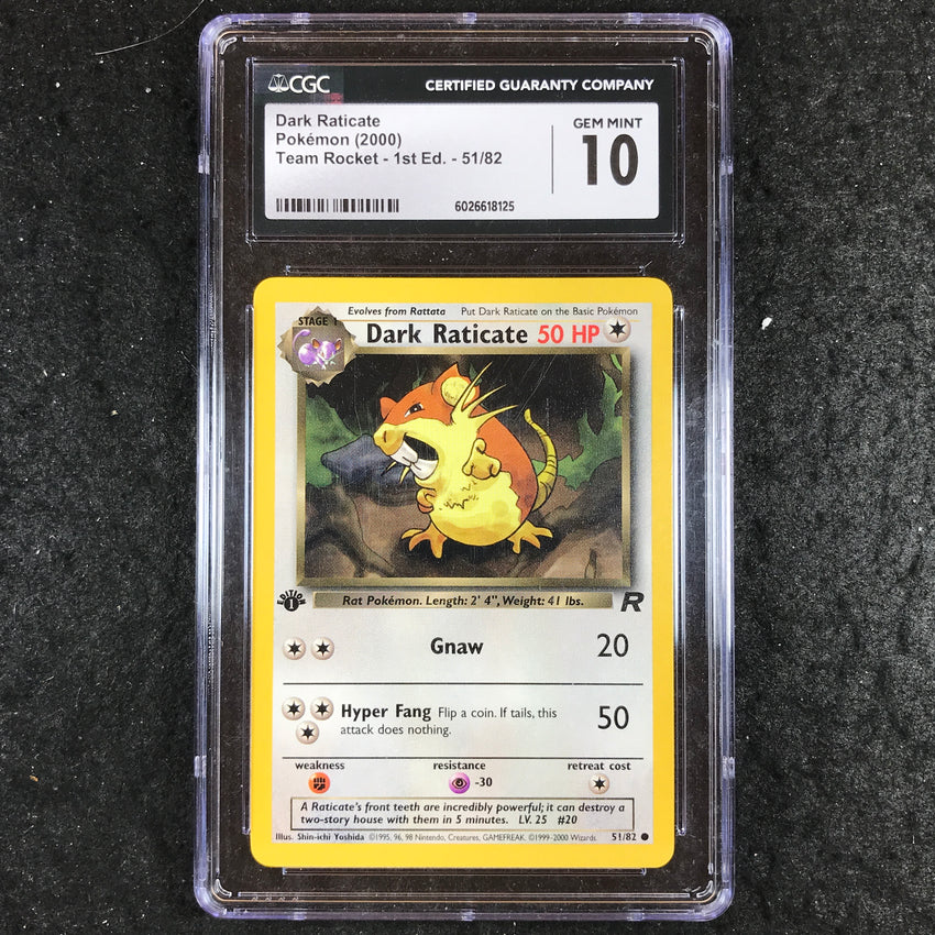 CGC 10 Dark Raticate - 51/82 - Holo - 2000 Team Rocket 1st Edition - 125