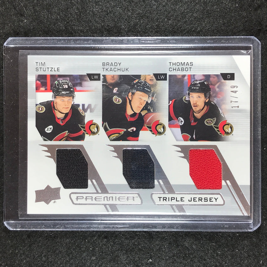 2021-22 Premier Hockey STUTZLE TKACHUK CHABOT Premier Triple Jersey Relic 17/49