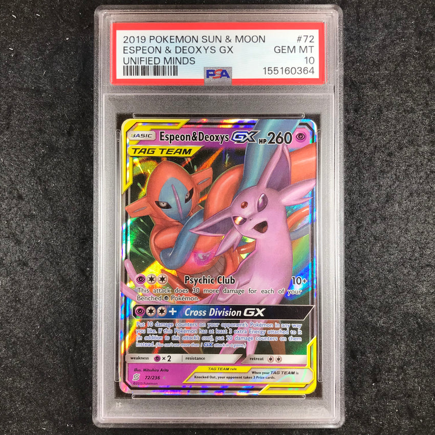 PSA 10 Espeon & Deoxys GX - 72/236 - Ultra Rare Pokemon Unified Minds 364-Cherry Collectables